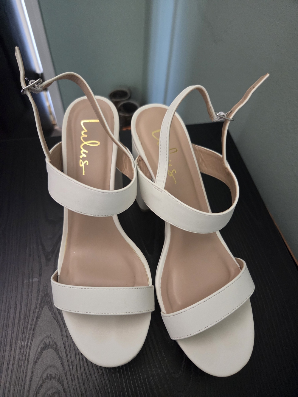 Lulu's White Leather Ankle Strap Block Heel Sandals Wedding Shoes Worn Once.